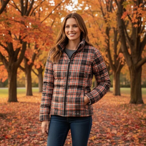 Eddie Bauer NWT Cirruslite Down Jacket, Ochre Plaid EB650 Women's, Orange Red L - Picture 1 of 12
